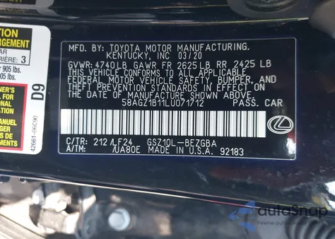 2020 Lexus Es 350 F Sport из США, поврежденный, VIN 58AGZ1B11LU071712